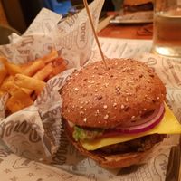 The impossible burger and a side of fries at Bareburger - Hell's Kitchen in New York City