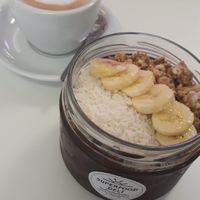 Capuccino (with rice milk), Brazilian açai bowl at Superfood Deli - Mariahilfer in Vienna
