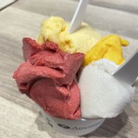 Raspberry, mango, banana and passion sorbets  at Amorino - Santa Catarina in Porto