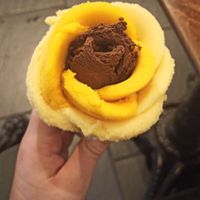Vegan chocolate, mango and passion fruit ice cream. Even though they are sorbets (not sure about the chocolate one, but I think it is too), still very creamy and tasty. at Amorino - Garrett in Lisbon