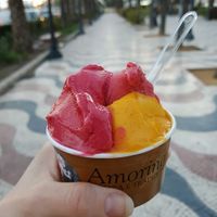 Vegan mango, raspberry and strawberry sorbet. at Amorino in Alicante