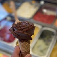 Chocolate vegan ice cream, behind you have all the vegan sorbet.  at Amorino in Ibiza