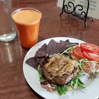 California dreamin' burger and flu fighter juice at Subia's Organic Cafe and Market in Jersey City