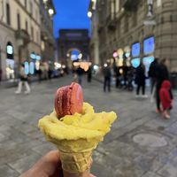 Passion fruit and citrus flower with raspberry macaroon.  at Amorino - Via del Corso in Florence