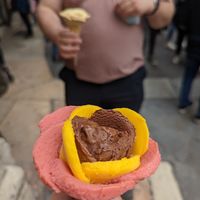 Chocolate, mango and strawberry sorbet at Amorino in Verona
