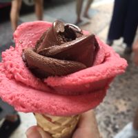 Vegan chocolate and raspberry sorbet ice cream cone at Amorino in Verona