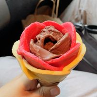 Organic chocolate sorbet, Raspberry, Citrus & Verbena on a large Vegan waffle cone  at Amorino - Times Square in New York City