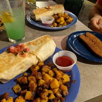 Vegan breakfast burrito side of vegan sausage which is the behond at The Friendly Toast in Boston