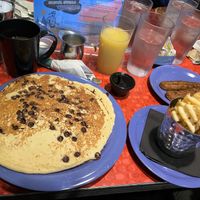 Chocolate chip pancakes, vegan sausage and waffle fries  #Veganuary at The Friendly Toast in Boston