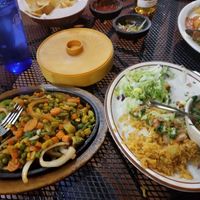 Veggie (frozen?) fajitas, rice, and cup of beans at El Tapatio in Page