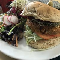 Readbean Burger. Was really good! The chili chutney was really delicious. Take the maple mustard dressing for the salad! My recommendation. at Rabbit Vegan Cafe in Exeter