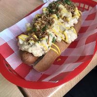 Mac and cheese hot dog 💚 at Rabbit Vegan Cafe in Exeter