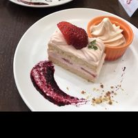 strawberry cake and soy milk ice cream  at Rota Cafe in Fukuoka