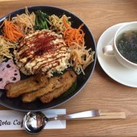 Korean bibimbap with fake egg made from Yuba (tofu skin). at Rota Cafe in Fukuoka