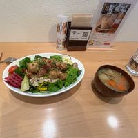 Soymeat karaage vege bowl with miso soup at Rota Cafe in Fukuoka