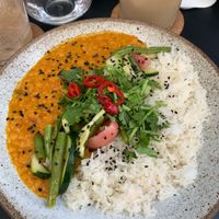 Red lentil dal, green beans, zucchini and fermented radishes at Fach Juice Shop in Bratislava