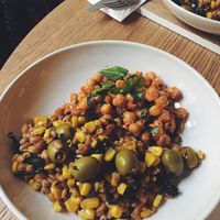 wholegrains, chickpeas, corn, olives salad at Fach Juice Shop in Bratislava