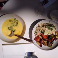 corn soup (one of my faves), baked veggies with coleslaw and mayonnaise at Fach Juice Shop in Bratislava