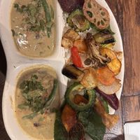 Bean curry with the fried vegetable option. Rice is under the vegetables.  at Amurita no Niwa in Ishigaki