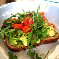 Avo on brown bloomer with tomato 🍅 salsa and rocket at Riverhead Coffee in Cleethorpes