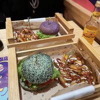 Purple flowerburger and green jungle bbq. Borg with patatas buenas.  at Flower Burger in Rome