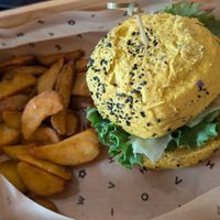 Spicy cece bugger with fries at Flower Burger in Rome