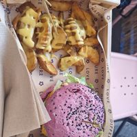 Cherry bomb burger with cheesy fries at Flower Burger in Rome