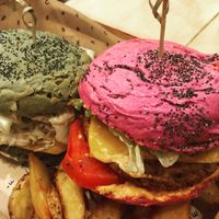 Flower Burger (green) and Cherry Bomb (red) with fries at Flower Burger in Rome