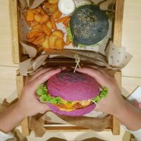 The Cherry Bomb and the Flower Burger with a side of wedges and vegan mayo! at Flower Burger in Rome