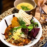 Roasted Cauliflower Soup with Topinambur & Bean Goulash on Red Wine with Lemon Rice and Salad Plates at Simply Vegan in Prievidza