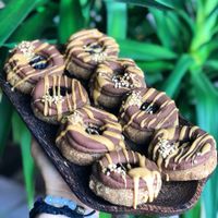 Raw donuts with chocolate cream, fruit ";jam"; and peanut butter. at Simply Vegan in Prievidza