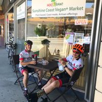 Enjoying a vegan meal and a well deserved break after riding in from Whistler.  at HooRaw Sunshine Coast Vegan + Market in Sechelt