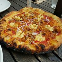 Vegan sausage and cashew cheese pizza at Harvest Pizzeria in Columbus