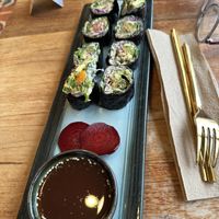 The Geisha rolls and tamari sauce- creamy avocado and “cream cheese” against the salty seaweed- amazing  at Wild Living Foods in Los Angeles