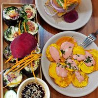 Dynamite roll, butternut ravioli, Brazil nut sandwich at Wild Living Foods in Los Angeles