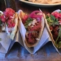 From left to right 
1/2 eaten Beer Battered Avocado Taco
Jackfruit Taco
Black bean / Pineapple Taco at Tacos & Beer in Las Vegas