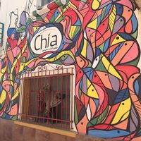 Colourful entrance in the middle of the street at Chia Fonda Vegana in Guadalajara