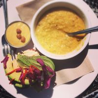 Beet cake with hummus and avocado. Dahl. Holy handgrenade it’s delish! at The Gumboot Cafe in Roberts Creek