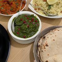 Aloo and soya chunk, palak tofu, lemon peanut rice & chapati at Yummy Yoga Cafe in Udaipur
