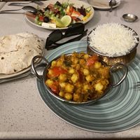 Chana masala with rice and roti  at TATTV Cafe in Rishikesh