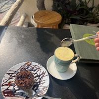 vegan apple pie and golden milk with soya  at TATTV Cafe in Rishikesh