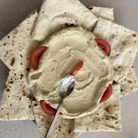Hummus and pita, yes!  at TATTV Cafe in Rishikesh