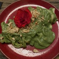 Tagliatelle with basil pesto. Homemade pasta was delicious and cooked perfect and I have never seen a greener sauce that was as tasty as it looks.  at Hearth  in Amsterdam