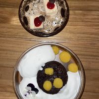   (Top) walnut and date dessert, (bottom) zucchini chocolate peanut brownie   at Hearth  in Amsterdam