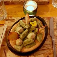 Brocoli gnocchi with dried tomato sauce and vegan aïoli sauce at Hearth  in Amsterdam