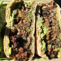 Bean burger on spelt flour bun w avocado spread at Naked Lunch in Cherry Hill