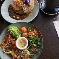 Buddha Bowl, Vegan Pancakes and a Dirty Chai Latte with almond milk at Ozmosis in Edge Hill