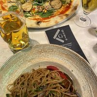 My spaghetti and my boyfriend’s vegetarian pizza  at Gusto Pizzeria  in Soelden