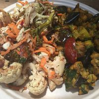 Broccoli cauliflower salad and eggplant chick peas with coriander.  at Timbuktu Nomadic Deli in Waiheke Island