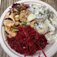 Beet salad with a hint of orange; roasted cauliflower salad and the potato salad I couldn’t get enough of! at Timbuktu Nomadic Deli in Waiheke Island